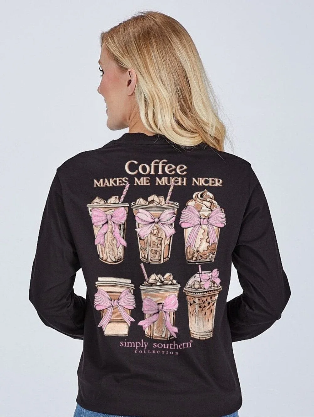 NWT Simply Southern 'Coffee Makes Me Much Nicer' Long Sleeve Tee - Black,Size XL - Picture 2 of 8